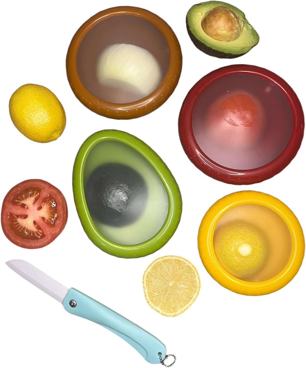 4Pcs Silicone Food Storage Containers with Bonus Knife - Reusable for Avocado, Onion,Tomato & Limon.