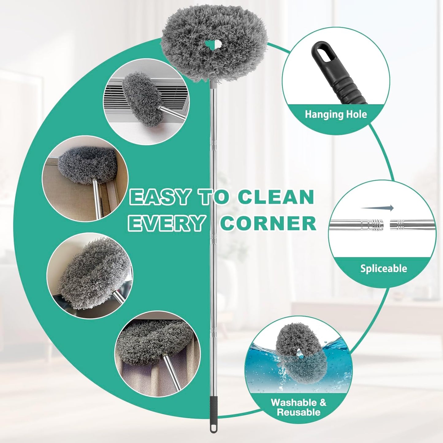 Ceiling Fan Cleaner Duster Reusable Microfiber Ceiling Fan Blade Cleaner Removable Duster with Extension Pole Adjusts 13 to 49.7 Inch for Cleaning Walls Bookshelves Furniture Door Window Top (Blue)