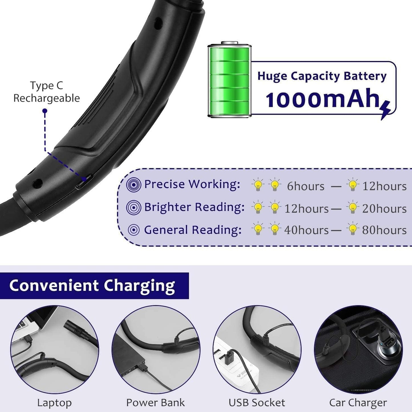 Rechargeable Hands-Free Neck Light with 3 Adjustable Color Modes, Black | Stepless Dimming, Flicker-Free Eye Protection, Flexible & Bendable, Long Battery Runtime, Protable Lightweight