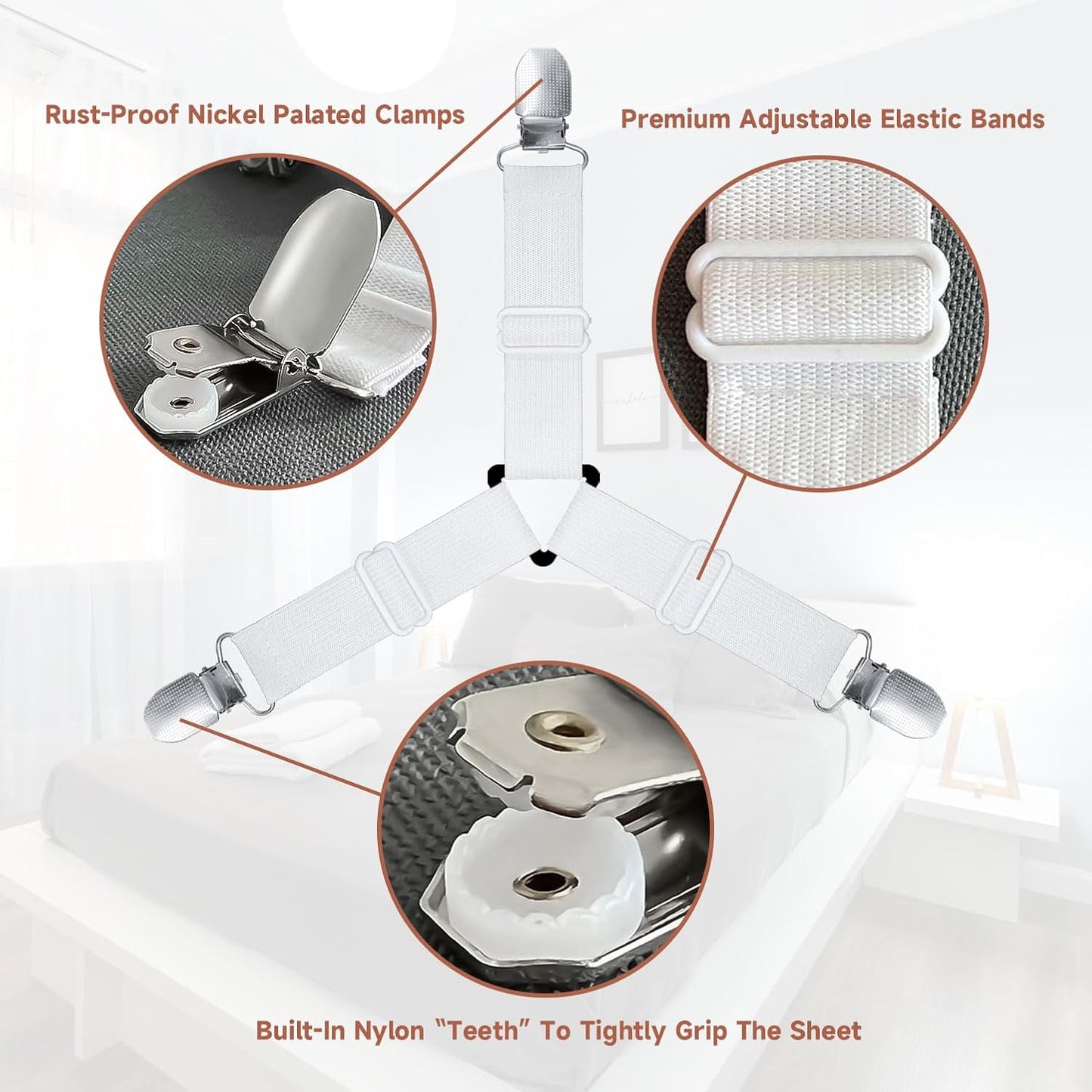 Bed Sheet Straps, Upgrade Fitted Bed Sheet Holders for Corners, Non Slip Sheet Clips White 4Pcs