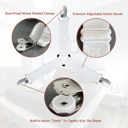 Bed Sheet Straps, Upgrade Fitted Bed Sheet Holders for Corners, Non Slip Sheet Clips White 4Pcs