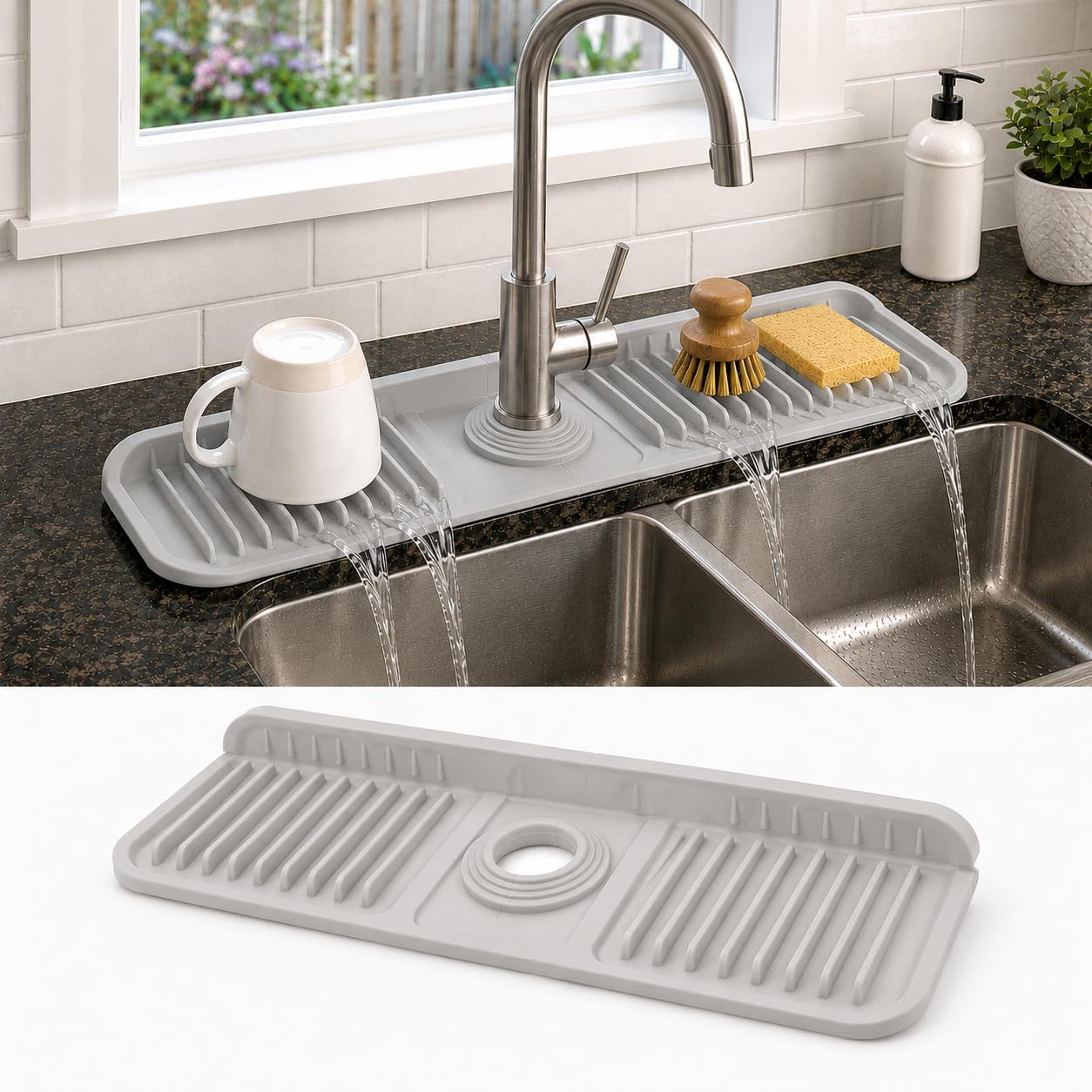 23" Extra Long Silicone Faucet Handle Drip Catcher Tray,7° Sloped Self Draining Mat with Snap-on Design & Soap Holder, Trim-to-Fit Opening,Sink Splash Guard for Kitchen & Bathroom(Green)