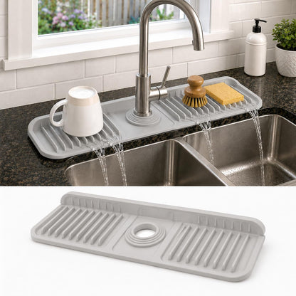 23" Extra Long Silicone Faucet Handle Drip Catcher Tray,7° Sloped Self Draining Mat with Snap-on Design & Soap Holder, Trim-to-Fit Opening,Sink Splash Guard for Kitchen & Bathroom(Green)