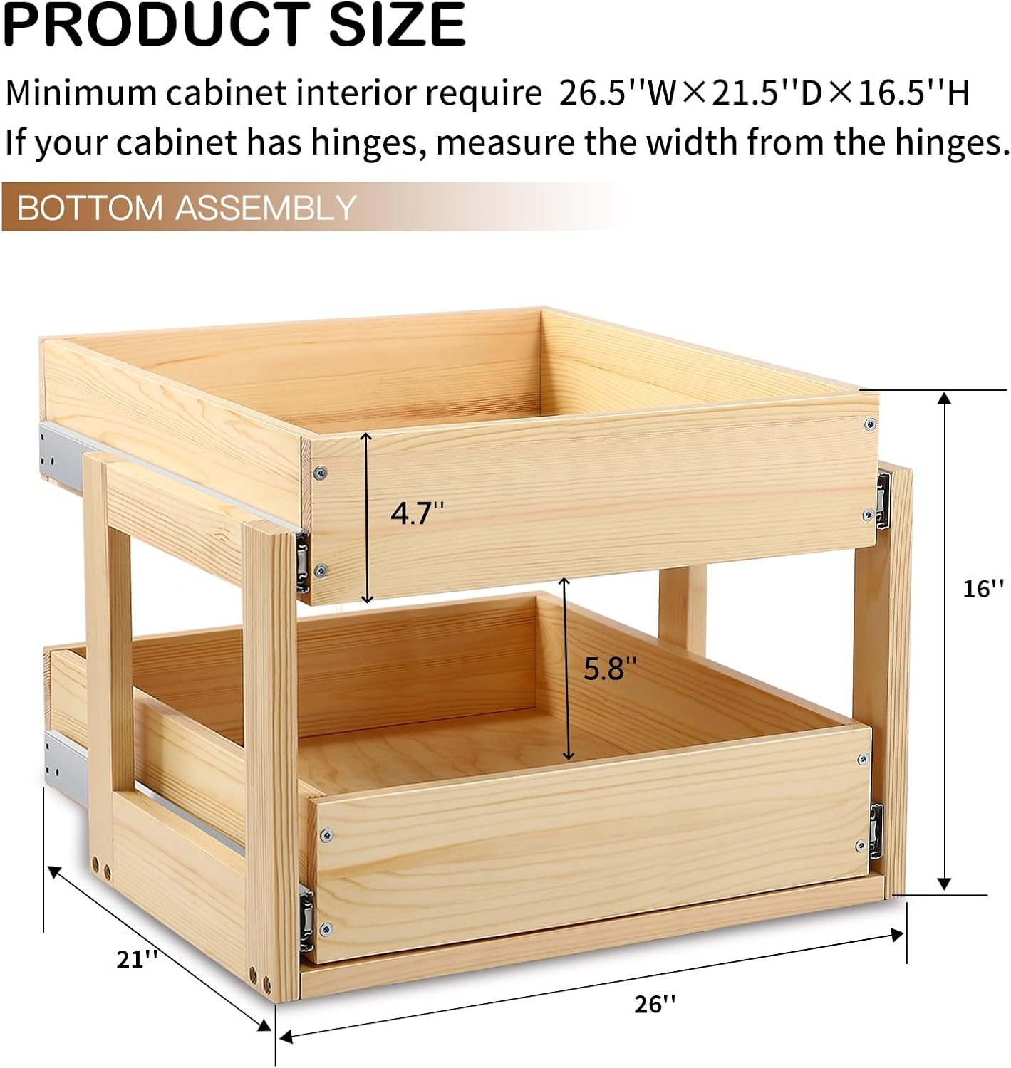 Pull Out Cabinet Organizer 17''W×21''D×16''H Slide Out Drawer | Soft Close Wood Kitchen Pullout Drawers for Cabinets Shelves for Kitchen, 2-Tier, Finished, Heavy-Duty, Bottom Assembly