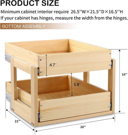Pull Out Cabinet Organizer 17''W×21''D×16''H Slide Out Drawer | Soft Close Wood Kitchen Pullout Drawers for Cabinets Shelves for Kitchen, 2-Tier, Finished, Heavy-Duty, Bottom Assembly