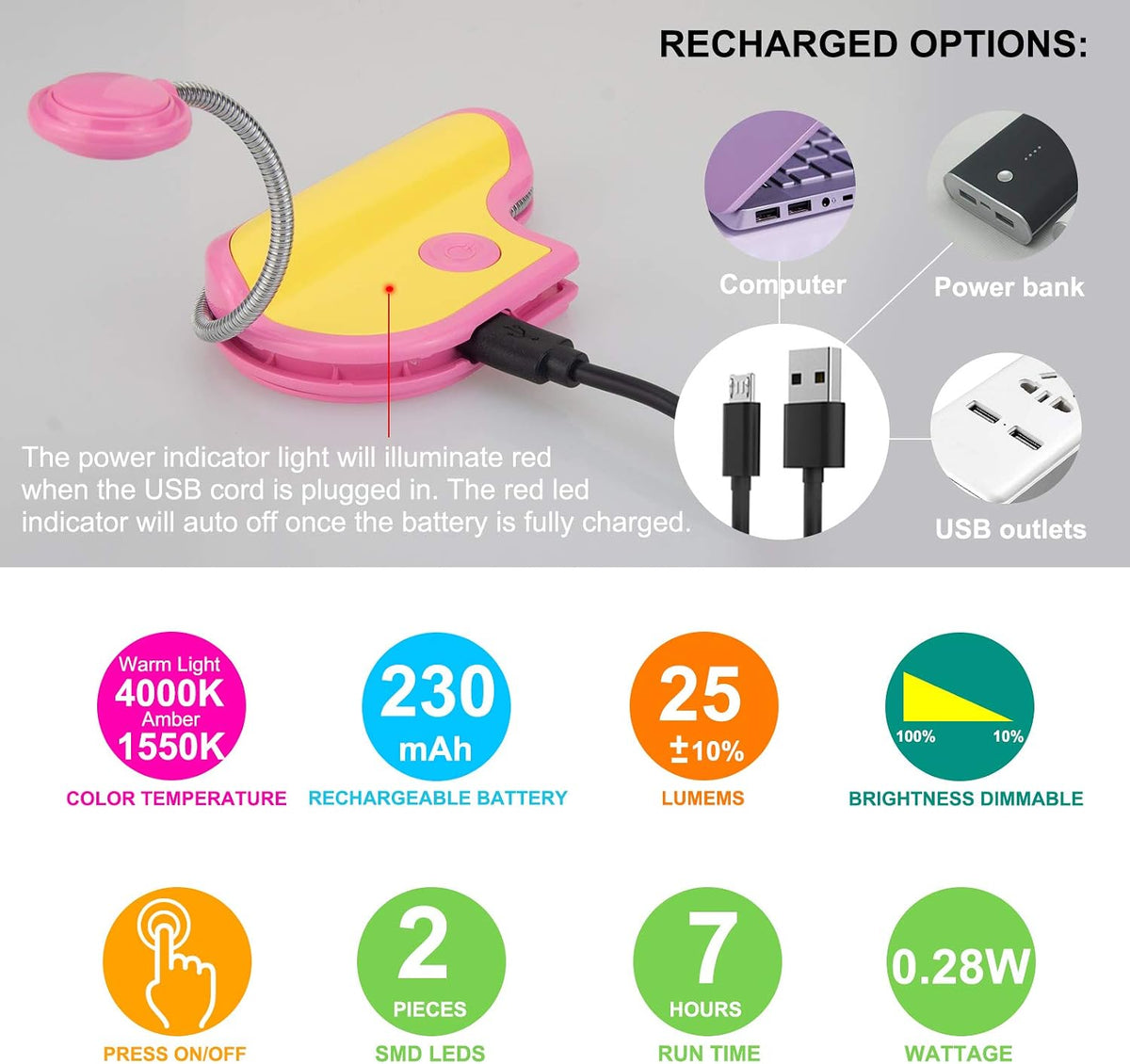 BIGMONAT Rechargeable Reading Light for Kids,Small Amber Book Reading Lights,Multi Colors Portable LED Reading Lamp with 360° Rotary Light Neck,Wireless Clip Reading Lighting for Books (Green)