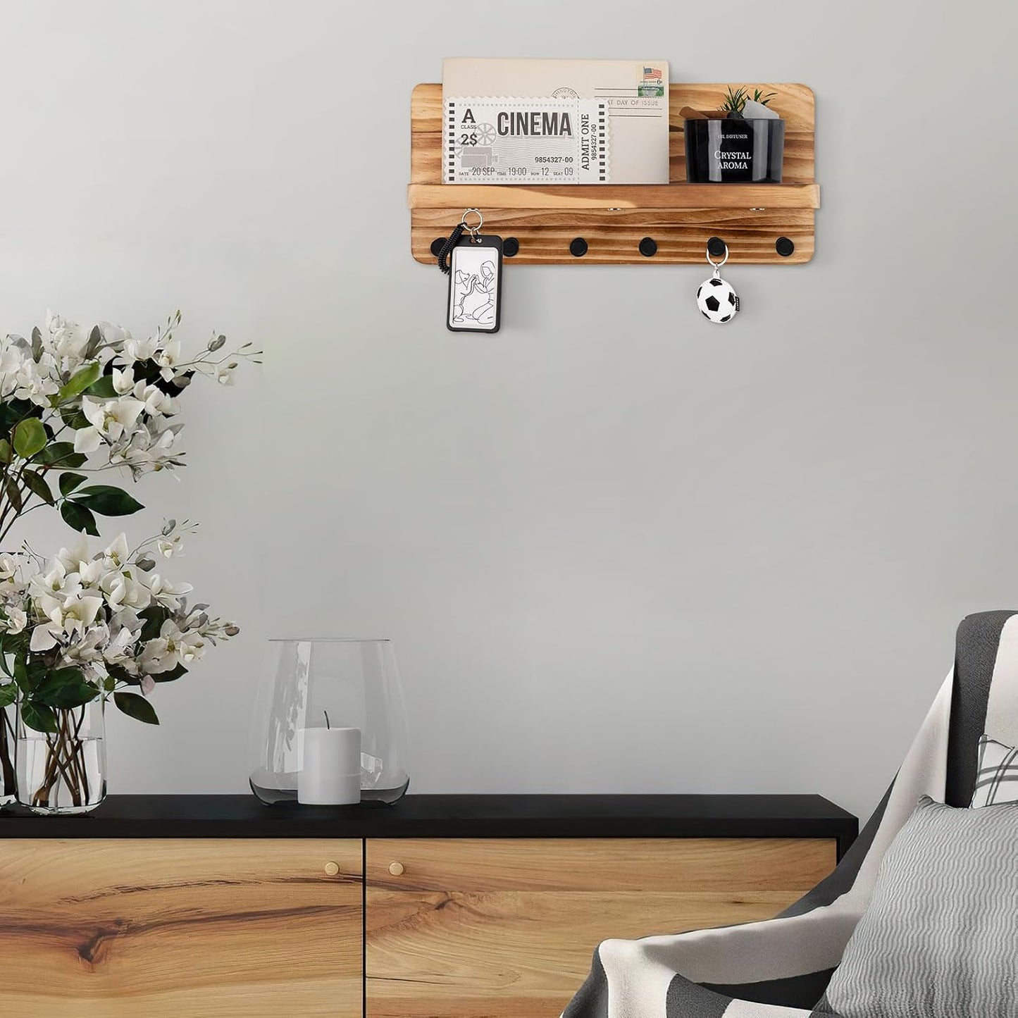 Nekon Key Holder for Wall with Shelf, Pine Wooden Key Hanger, Black | Small Wall Mounted Key Holder with 4 Hooks, Farmhouse Wall Organizer for Home Entryway & Apartment