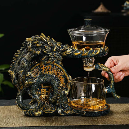 Glass Teapot Set with Infuser Semi Automatic Dragon Tea Set (Blue golden teapot)