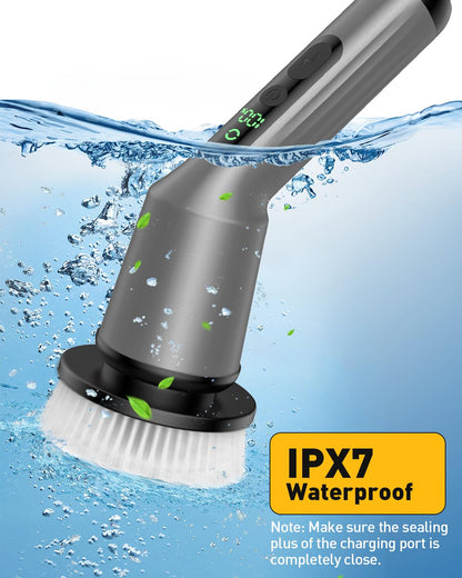 Electric Spin Scrubber for Bathroom, Shower Scrubber with Long Handle | Shower Cleaner Brushes, IPX7 Waterproof & 2 Speed, 3 Brush Heads, 90min Runtime, Bathroom Cleaning Supplies for Toilet Tub