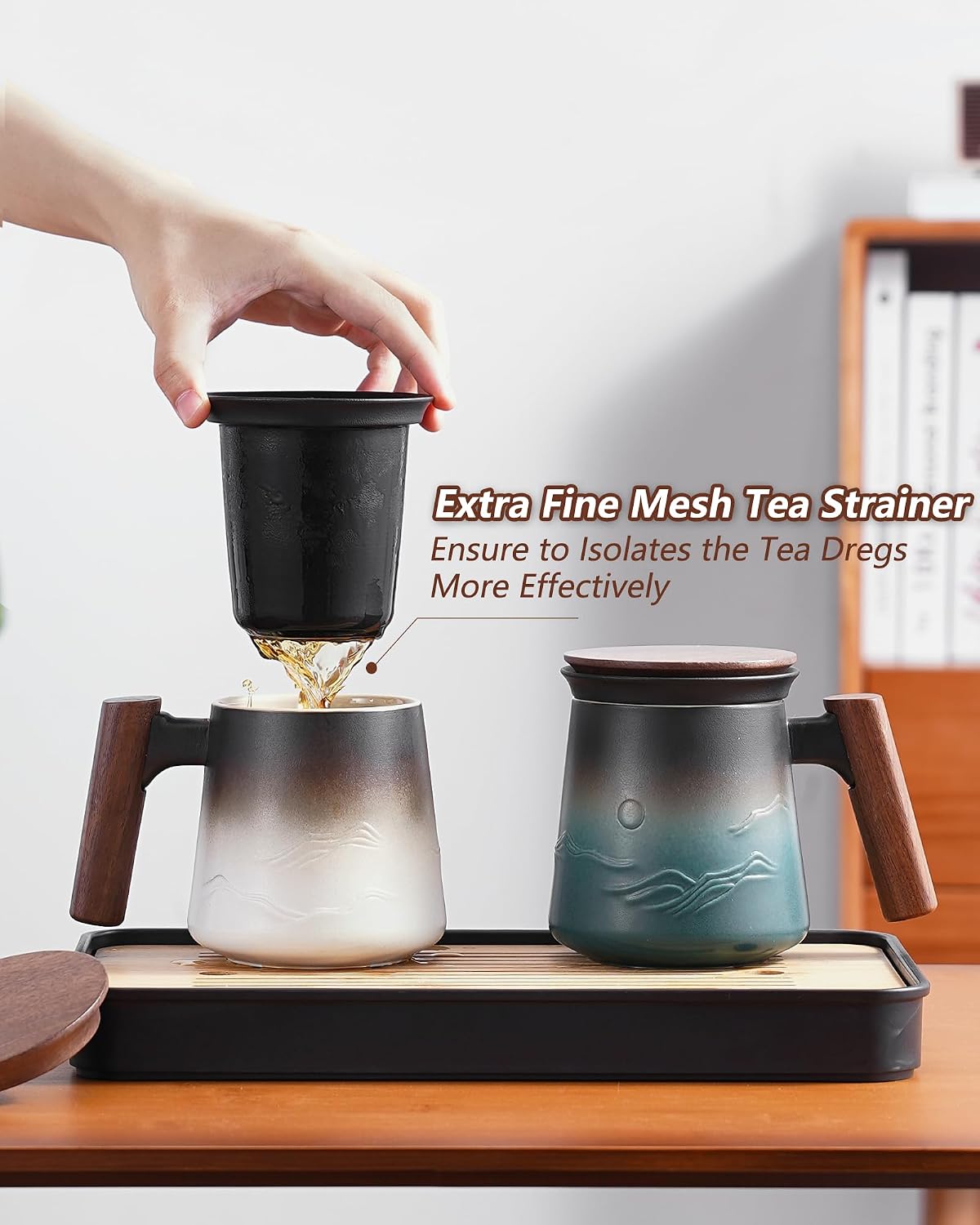 ZENS Tea Mug with Infuser and Lid for Loose Leaf Tea Steeper, 16.9oz Moss | Embossed Ceramic Tea Cup with Infuser for Herbal Tea Difussers, Tea Lovers Gifts, Nature Wood Handle
