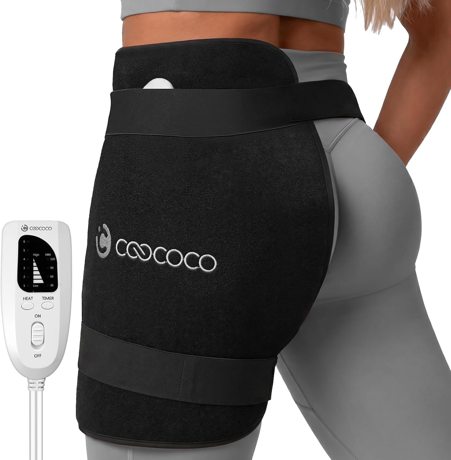 CooCoCo FSA Eligible HSA Hip Heating Pad for Hip and Sciatica Pain Relief | Heated hip brace, 6 heat levels, 4 timers, adjustable wearable fit, soft plush lining for hip, thigh, buttock and lower back