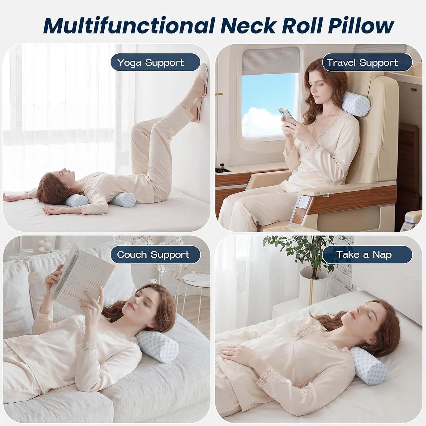 Neck Roll Pillow for Neck Pain Relief - Memory Foam Neck Support Pillow for Bed | Round Neck Pillow for Sleeping, 15.7 * 6 * 6 inch (Cool-Blue)
