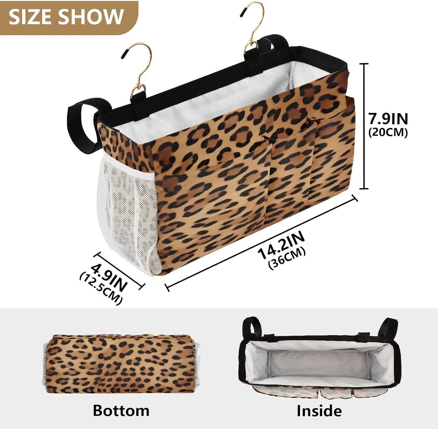 Leopard Print Bedside Caddy, Bedside Storage Organizer for Home, College, Bunk and Hospital Beds, Crib Bed Rails