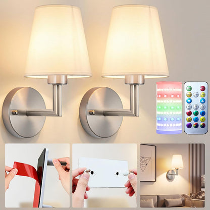 Battery Operated Wall Sconces Set Of Two, Wireless Battery Wall Light With 10000mAh RGB Rechargeable Magnetic Bulb, Rechargeable Wall Sconce With Remote Control For Bedroom, No Electrician Required