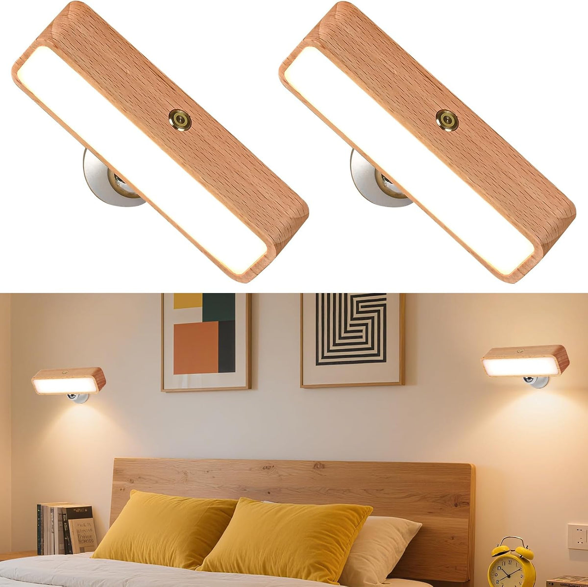 Battery Operated Wall Sconces Set of Two, Rechargeable Wall Lights Battery Operated, Wood Stick On Wall Mounted lamp Bedside Reading for Bedroom, Stepless Dimmable Wall Lamps for Living Room