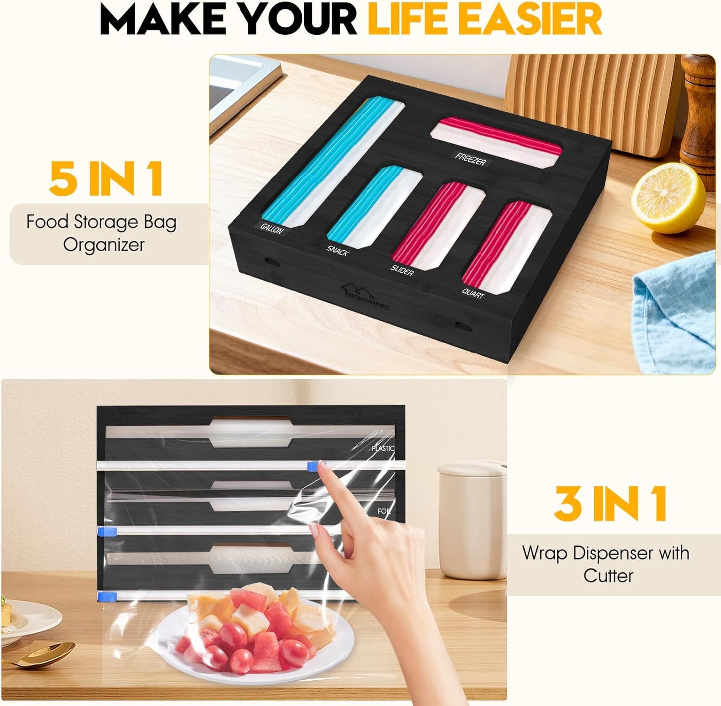9 in 1 Foil and Plastic Wrap Dispenser with Cutter, Black Bamboo Ziplock Bag Organizer for Drawer - Holds Gallon, Quart Bags & Aluminum Foil/Wax Paper, Wall Mountable Kitchen Storage