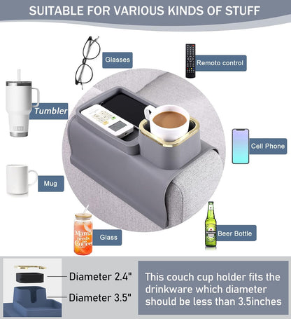 HMASYO Couch Cup Holder Tray – Weighted Silicone Sofa Armrest Organizer Table with Anti-Spill Coaster, Easy Reach for Drink, Snacks, Remote & Phone, Non-Slip Base, Easy Clean