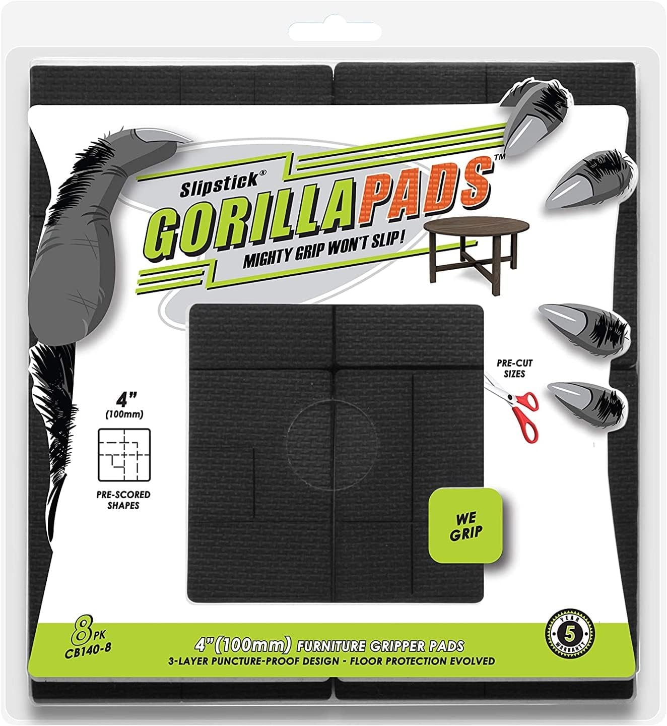 Slipstick GorillaPads CB144 Non Slip Furniture Pads/Grippers (Set of 8) Furniture Feet Floor Protectors, 2 Inch Round, Black