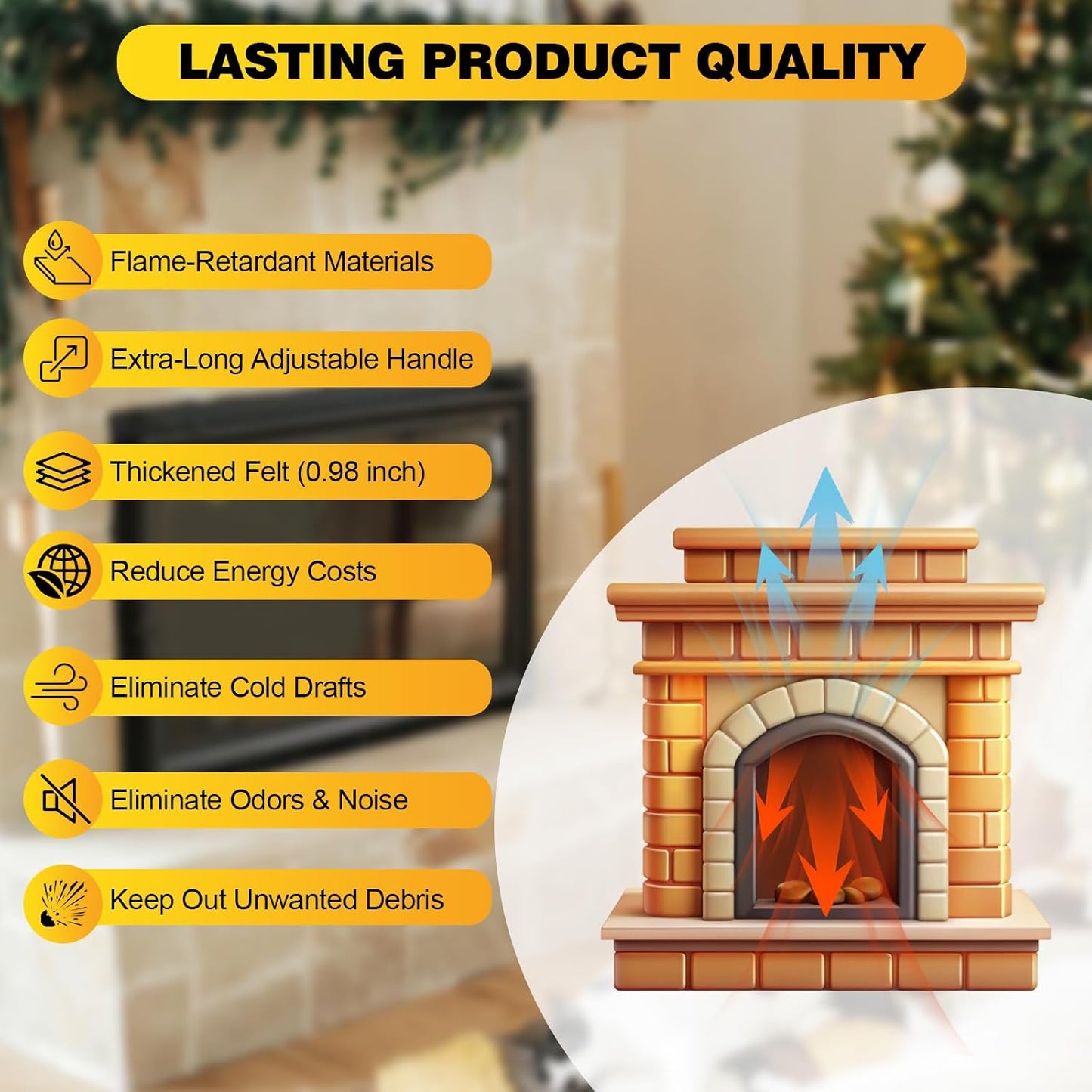 Chimney Flue Plug for 8" x 32" Rectangular Chimney Flue, Fireplace Draft Stopper, Energy-Saving Chimney Damper, Blocks Odors & Debris