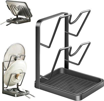 Kitchen Pot Lid Storage Rack, Pot Lid Holder While Cooking for Countertop | Stainless Steel Pot Lid Rack, Kitchen Countertop Organizer Removable Drip Tray, Lid Cutting Board Ladle Storage for Stove Top