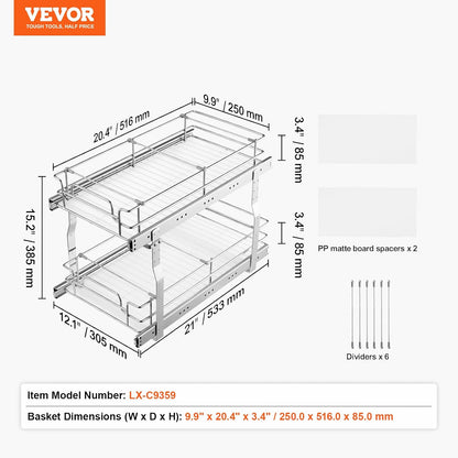 VEVOR Pull Out Cabinet Organizer, 14" Wx21.2 Dx15.2 H Heavy 2 Tier Duty Slide Out Pantry Shelves, Chrome-Plated Steel Roll Out Drawer for Under Sink, 15.5" Wx22.5 Dx19 H Install Size for Cabinet