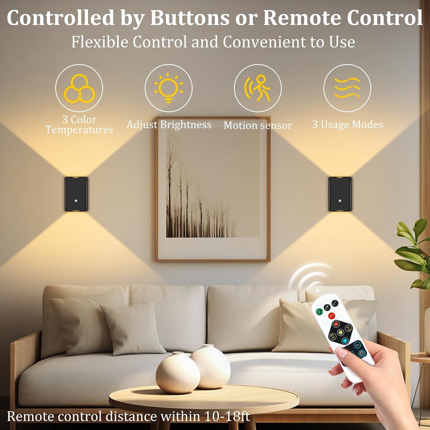 Eneru Motion Sensor Wall Sconce, Rechargeable Wireless Lights Indoor 2 Pack | 5000mAh battery powered, remote 3CCT dimmable, cordless magnetic mount, motion night light for hallway closet bathroom stair