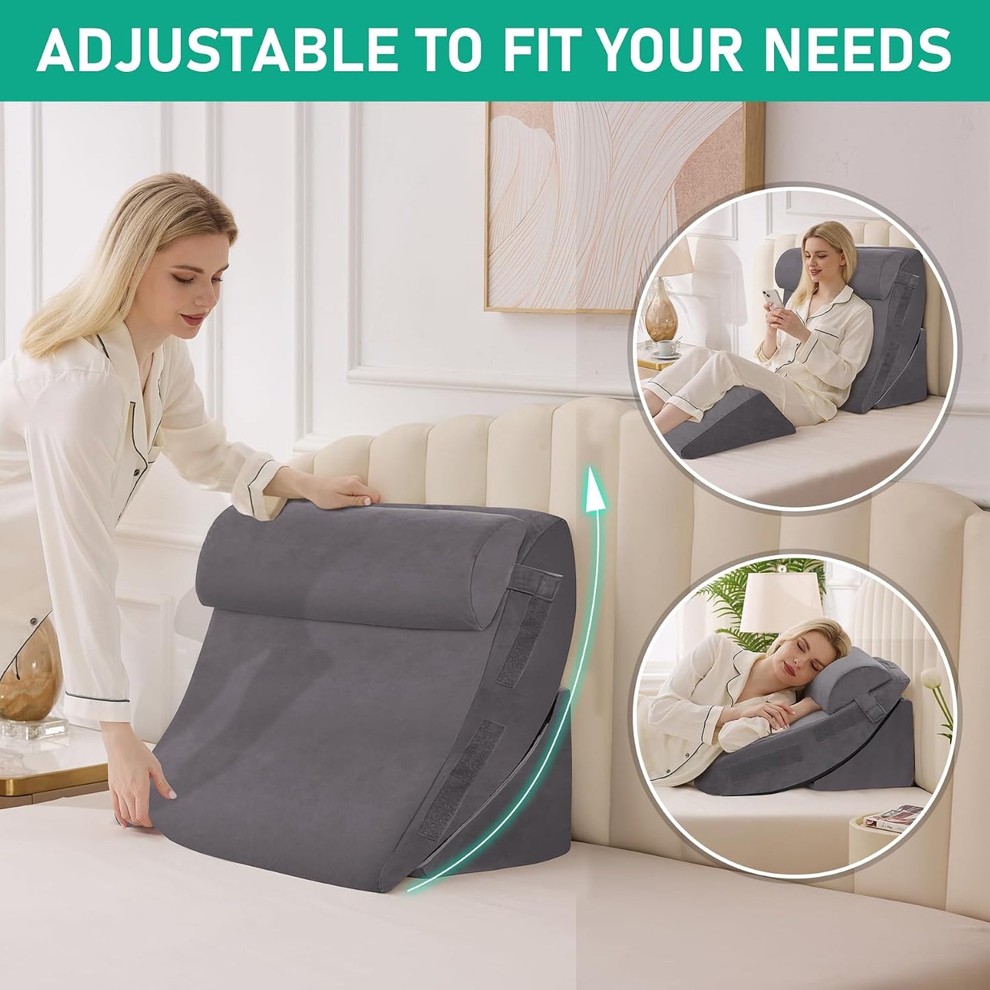4PCS Wedge Pillow Set for After Surgery, Orthopedic Bed Wedge Pillow for Back Pain Relief, Sitting Up in Bed, Acid Reflux, Adjustable Post Surgery Pillows for GERD, Snoring, White/Grey
