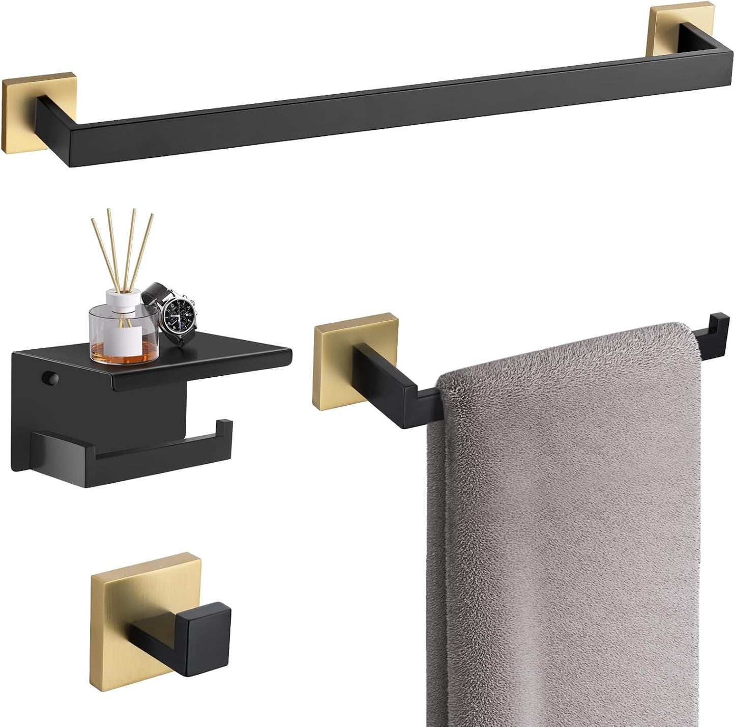 TURS Bathroom Hardware Set Black 4-Piece Towel Bar Set Include 24 Inch Towel Bar Hand Towel Holder Towel Hook Toilet Paper Holder with Shelf Wall Mounted Stainless Steel Bathroom Accessories Set