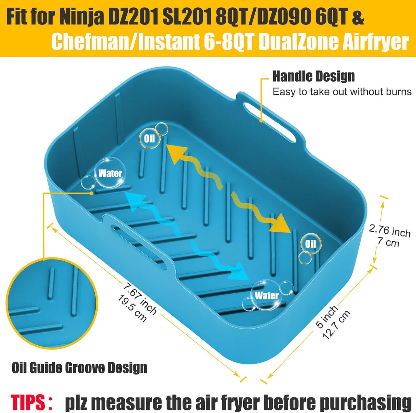 2Pcs Air Fryer Silicone Liners Rectangular for Ninja Foodi Dual DZ201 8QT | DZ090 6QT/Ninja DoubleStack SL201 8QT, MMH Reusable Airfryer Pot Baking Basket | Non-stick | Easy Cleaning | Food Safe | Gray