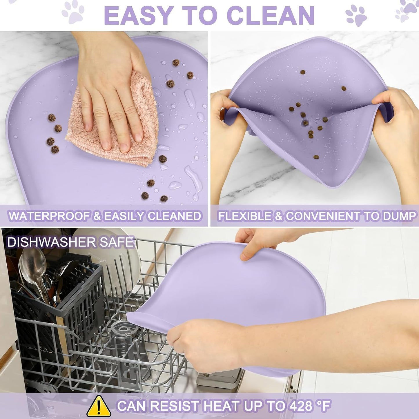 SMILOOL Waterproof Silicone Pet Food Mat with Raised Edge for Dog & Cat | 19" x 12" Non-Slip Pet Feeding Mats with Lip for Food & Water Bowl, Food Grade, Easy Cleaning, Black