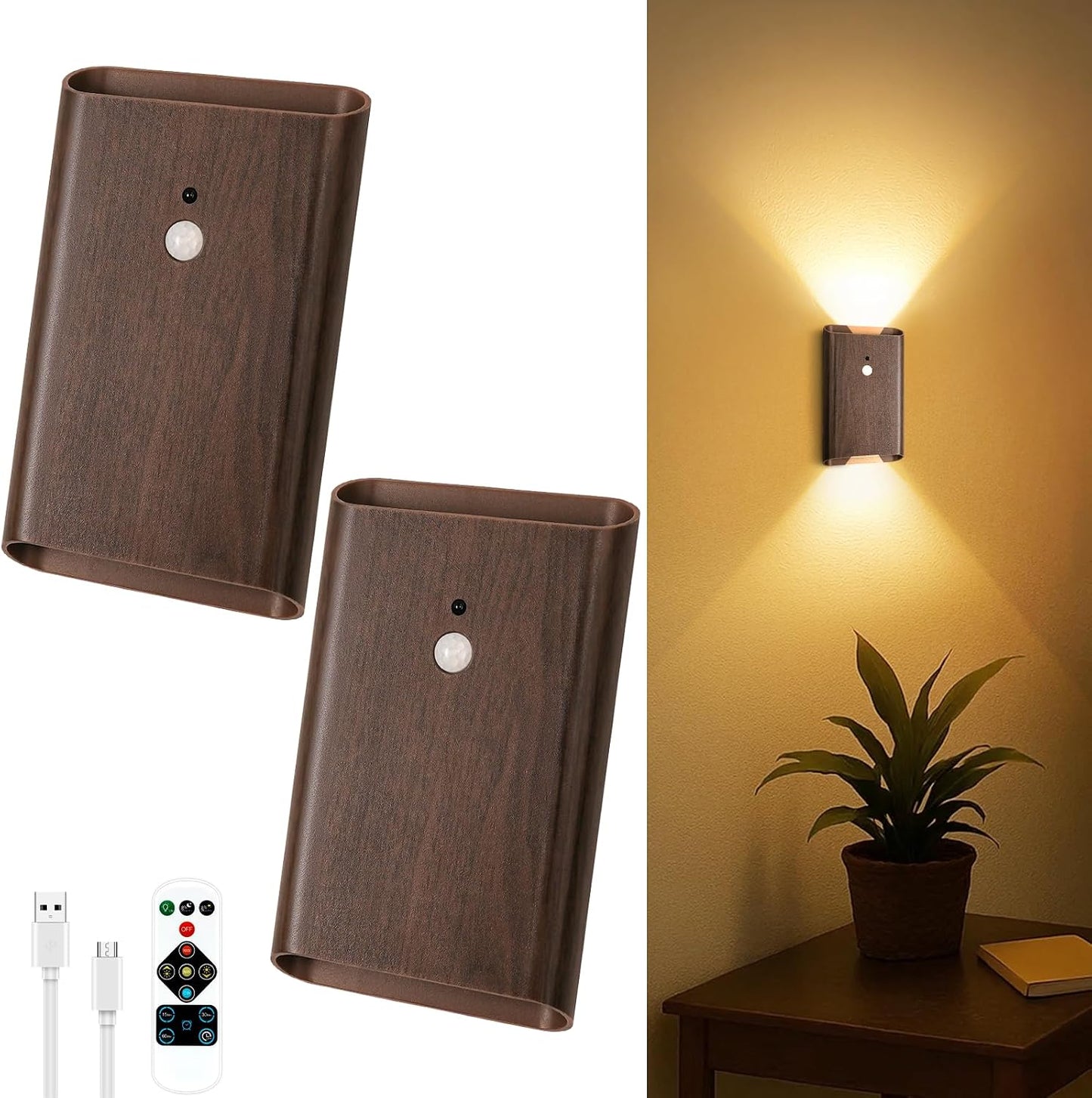 Eneru Motion Sensor Wall Sconce, Rechargeable Wireless Lights Indoor 2 Pack | 5000mAh battery powered, remote 3CCT dimmable, cordless magnetic mount, motion night light for hallway closet bathroom stair