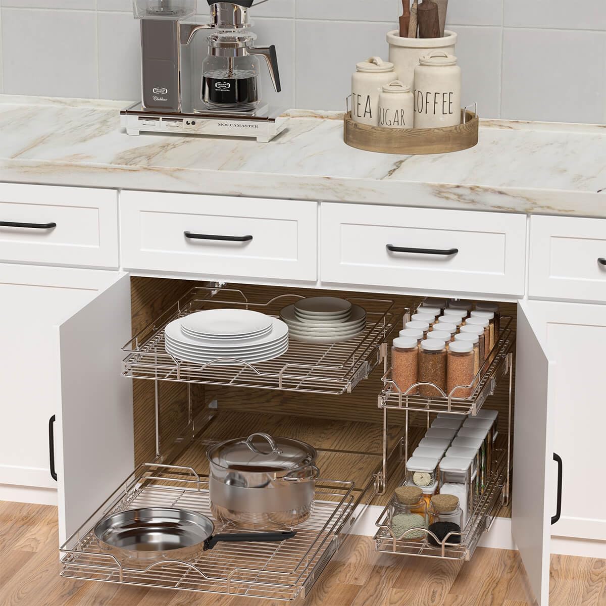 OCG Pull Out Cabinet Organizer (15" W x 21" D), Pull out Drawers, Cabinet Pull Out Shelves for Base Cabinet Organization in Kitchen Bathroom Pantry, Bottom Mount, Chrome Finish