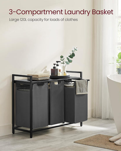 VASAGLE Laundry Hamper, Laundry Basket Sorter with 3 Pull-Out and Removable Bags, Shelf, Metal Frame, 3 x 10.6 Gallons (40 L), 36.4 x 13 x 28.4 Inches, Cappuccino Beige and Natural Beige UBLH301LH01