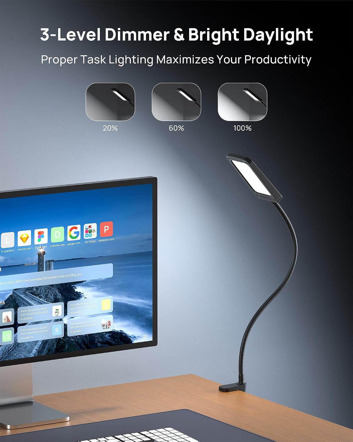 TROND LED Desk Lamp with Clamp, 1000LM Super Bright 3-Level Dimmable Desk Light 6000K Daylight, Extra-Long Flexible Gooseneck Clip on Light, Eye-Care Clamp Lamp for Painting, Workbench,Reading, Sewing | 6000K Daylight Extra-Long Flexible Gooseneck Clip