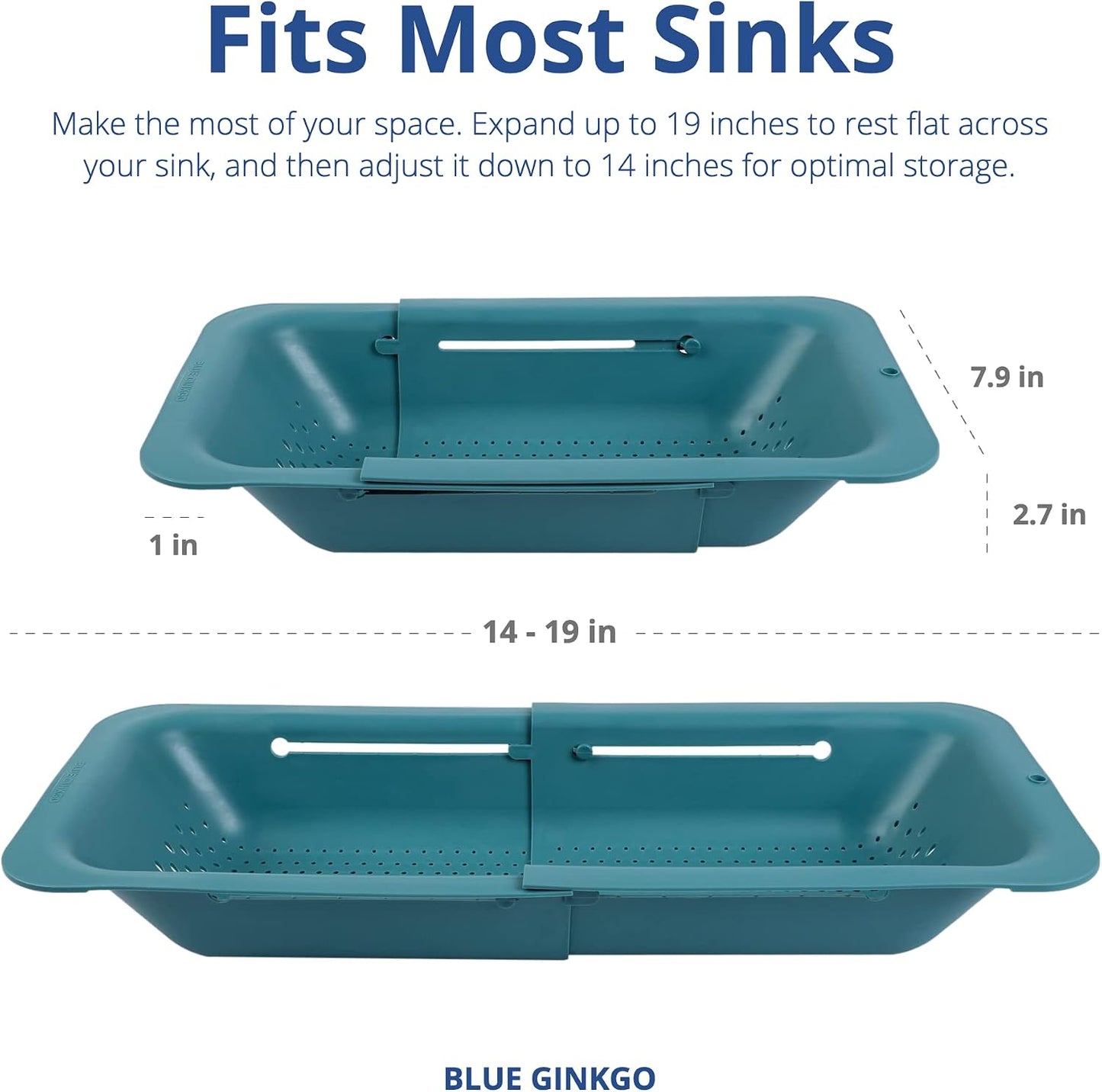 Blue Ginkgo Over Sink Colander, Extendable Kitchen Strainer, Grey | Fits Most Sinks. Rinse, Drain and Dry with Ease.