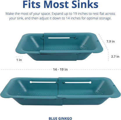 Blue Ginkgo Over Sink Colander, Extendable Kitchen Strainer, Grey | Fits Most Sinks. Rinse, Drain and Dry with Ease.
