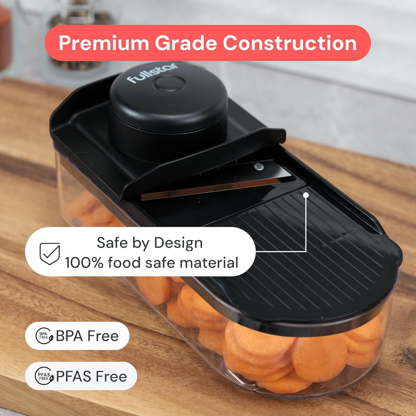 Fullstar Essential Mandoline Vegetable Slicer & Julienne Cutter | 4 in 1 Compact Fruit Cutter, Cucumber Slicer & Cheese Grater, with Stainless Steel Blades, Guard & 3-Cup Container (Black)