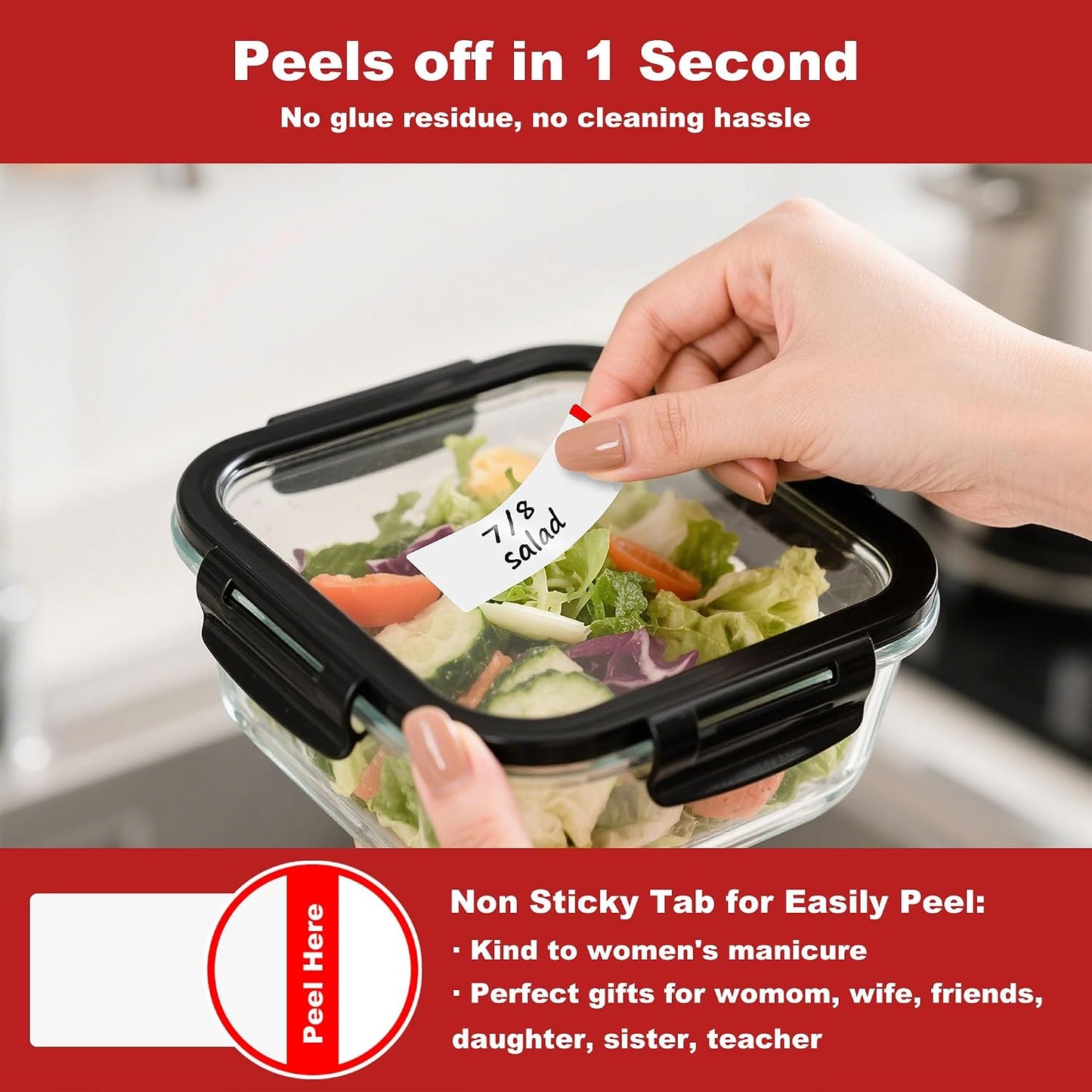 Removable Freezer Labels with Dispenser, 1" x 3", 1 Box (Red) | Writable, remove no residue, waterproof & oilproof, easy peel-off design, 300 labels per box, for meal prep containers