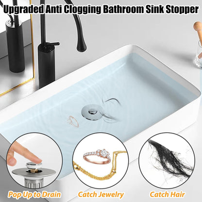Anlige Bathroom Sink Drain Strainer, 3 in 1 Pop Up Bathroom Sink Stopper with Removable Brass Basket Hair Catcher, Universal Sink Plug for 1.06 to 1.6in Drain Hole, Chrome Silver