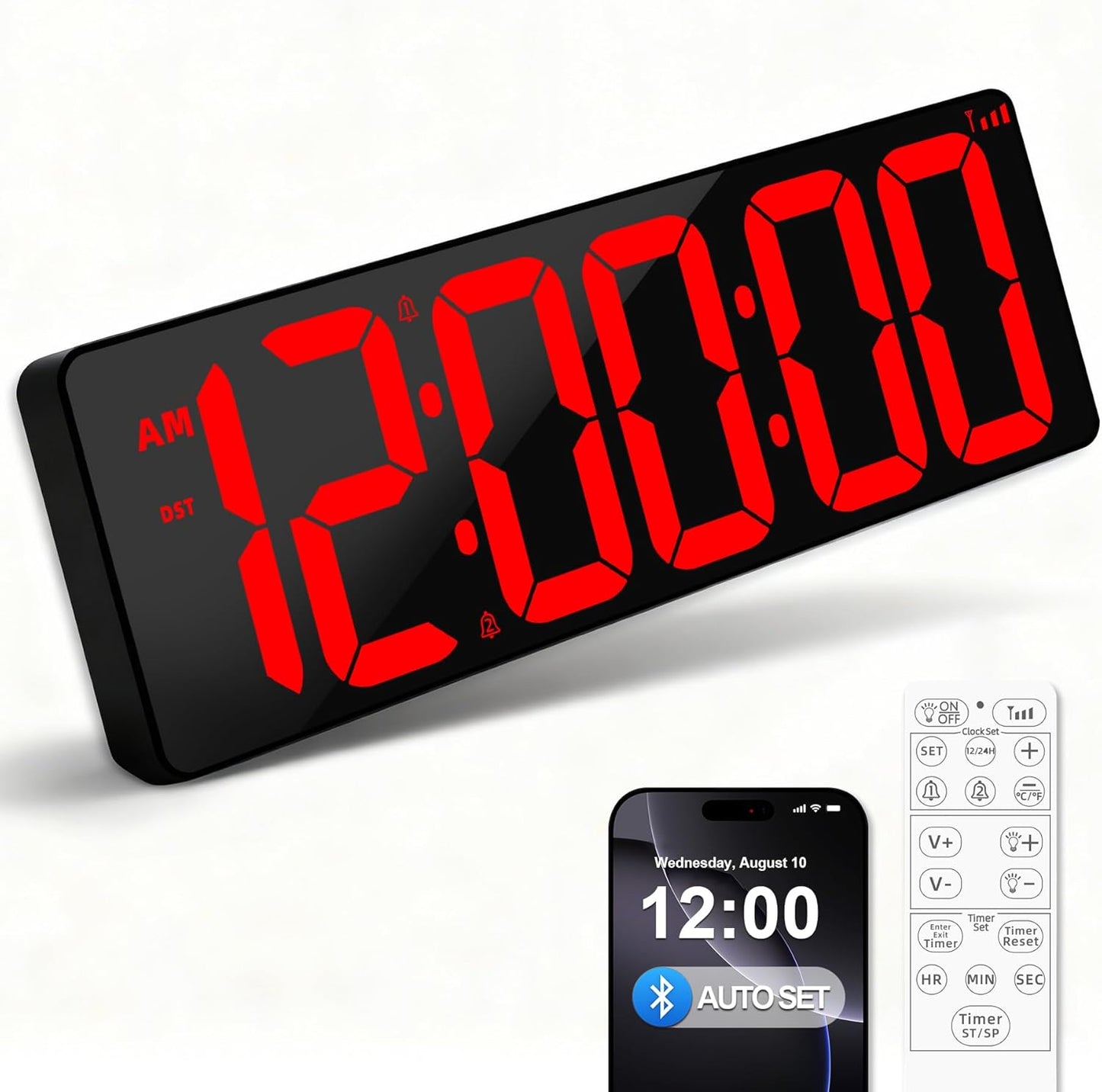 TXL 17.2" Bluetooth Digital Wall Clock with Seconds, Large Countdown Timer for Classroom Home Gym Kitchen Office, Alarm Clock with Remote Control, 4 Dimmable Brightness, Auto DST (RGB)