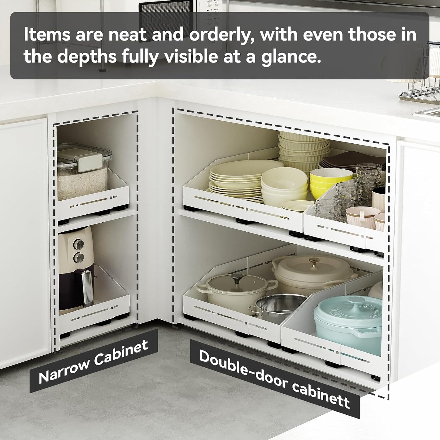 Pull out Cabinet Organizer, Full Metal Expandable Width (14.8"-20.8") & Depth (12.4"-17.7") Adjustable Slide out Drawers, No Drill Adhesive Roll out Shelves for Kitchen Pantry, White