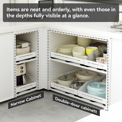 Pull out Cabinet Organizer, Full Metal Expandable Width (14.8"-20.8") & Depth (12.4"-17.7") Adjustable Slide out Drawers, No Drill Adhesive Roll out Shelves for Kitchen Pantry, White