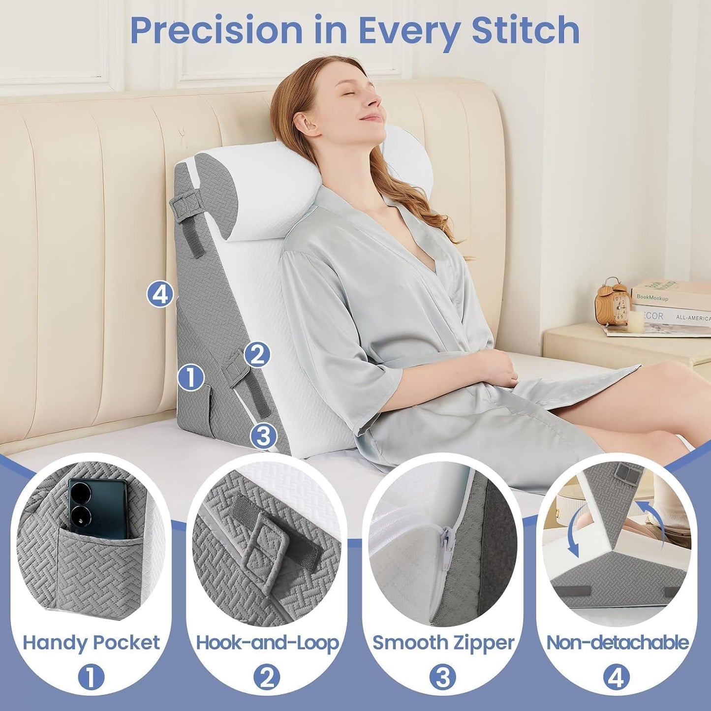 Sasttie Adjustable Wedge Pillow Set for After Surgery, Dark Grey & White | Bed Wedge Pillow Headboard with Memory Foam Neck Cushion, for Acid Reflux, Sleeping, Neck & Back Support