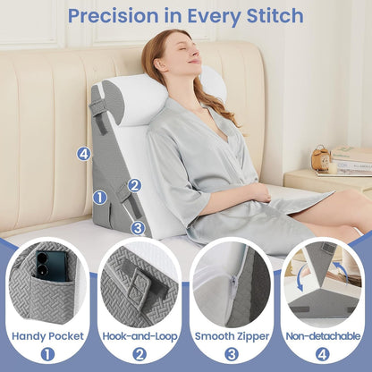 Sasttie Adjustable Wedge Pillow Set for After Surgery, Dark Grey & White | Bed Wedge Pillow Headboard with Memory Foam Neck Cushion, for Acid Reflux, Sleeping, Neck & Back Support