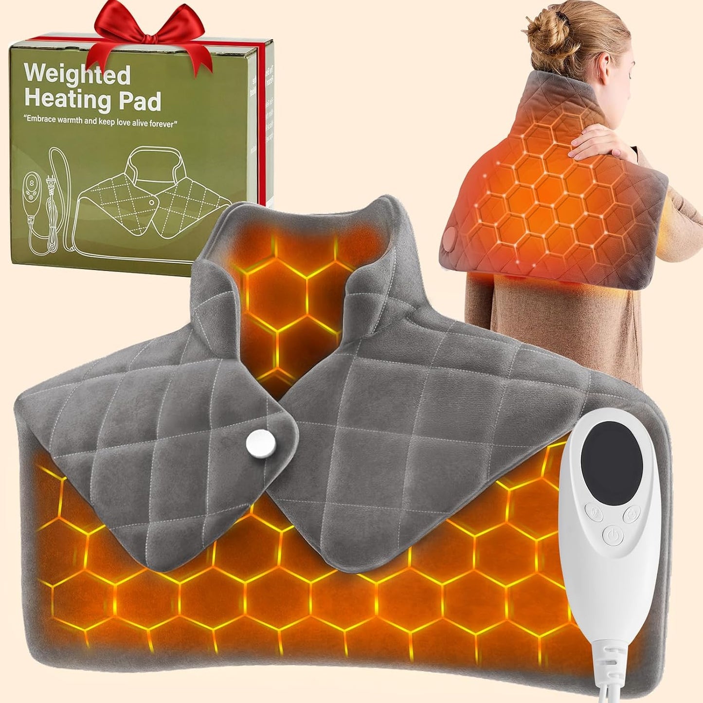 Weighted Heating Pad for Neck Shoulders and Back, Mothers Day Gifts for Mom Wife Grandma, Birthday Gifts for Women Men Dad, Instant Electric Heated Blanket with 9 Heat Options 4 Auto-Off Timer, Grey