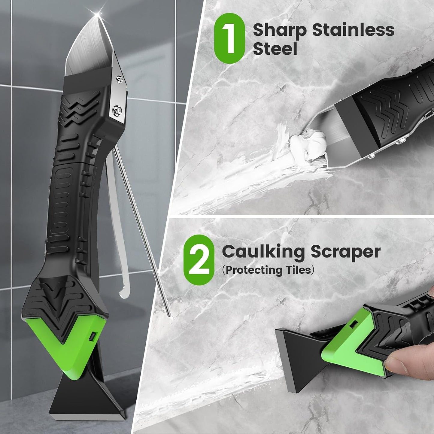 Goopreen 5 in 1 Caulking Tool Silicone Caulking Grout Removal Sealant Finishing Tool with Stainless Steel Head, 6 Replaceable Pads, Gap Seam Repair Kit for Kitchen Bathroom Sink Toilet Caulking