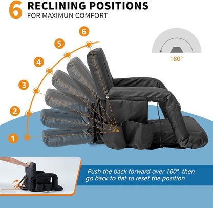 Wide Heated Stadium Seat for Bleachers w/Back Support & Cushion | 5-Position Adjustable Heated Stadium Seat with Armrests, 3 Heat Levels, Anti-Slip, Side Pockets, Backpack Straps (No Battery)