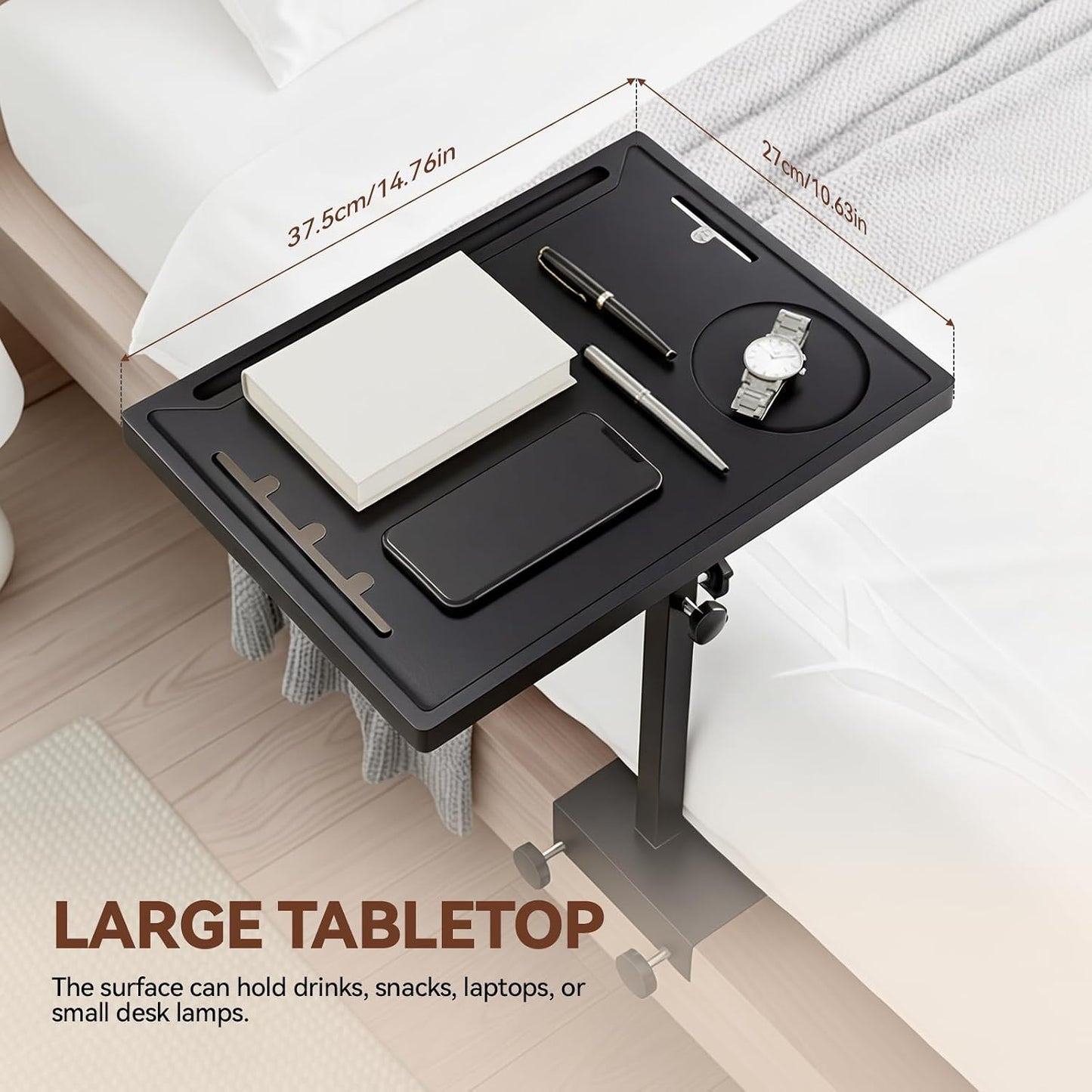 Bedside Shelf Rotating Foldable Tray:Height-Adjustable Clip On Bed Side Tray Table, Tray Table with Sturdy Metal Pole,Fits Bed Frames 0.7"-2.7" Wide for Dorms, Apartments, Bedrooms,Dorm Essentials