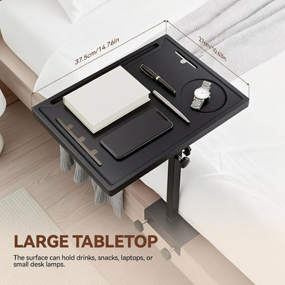 Bedside Shelf Rotating Foldable Tray:Height-Adjustable Clip On Bed Side Tray Table, Tray Table with Sturdy Metal Pole,Fits Bed Frames 0.7"-2.7" Wide for Dorms, Apartments, Bedrooms,Dorm Essentials