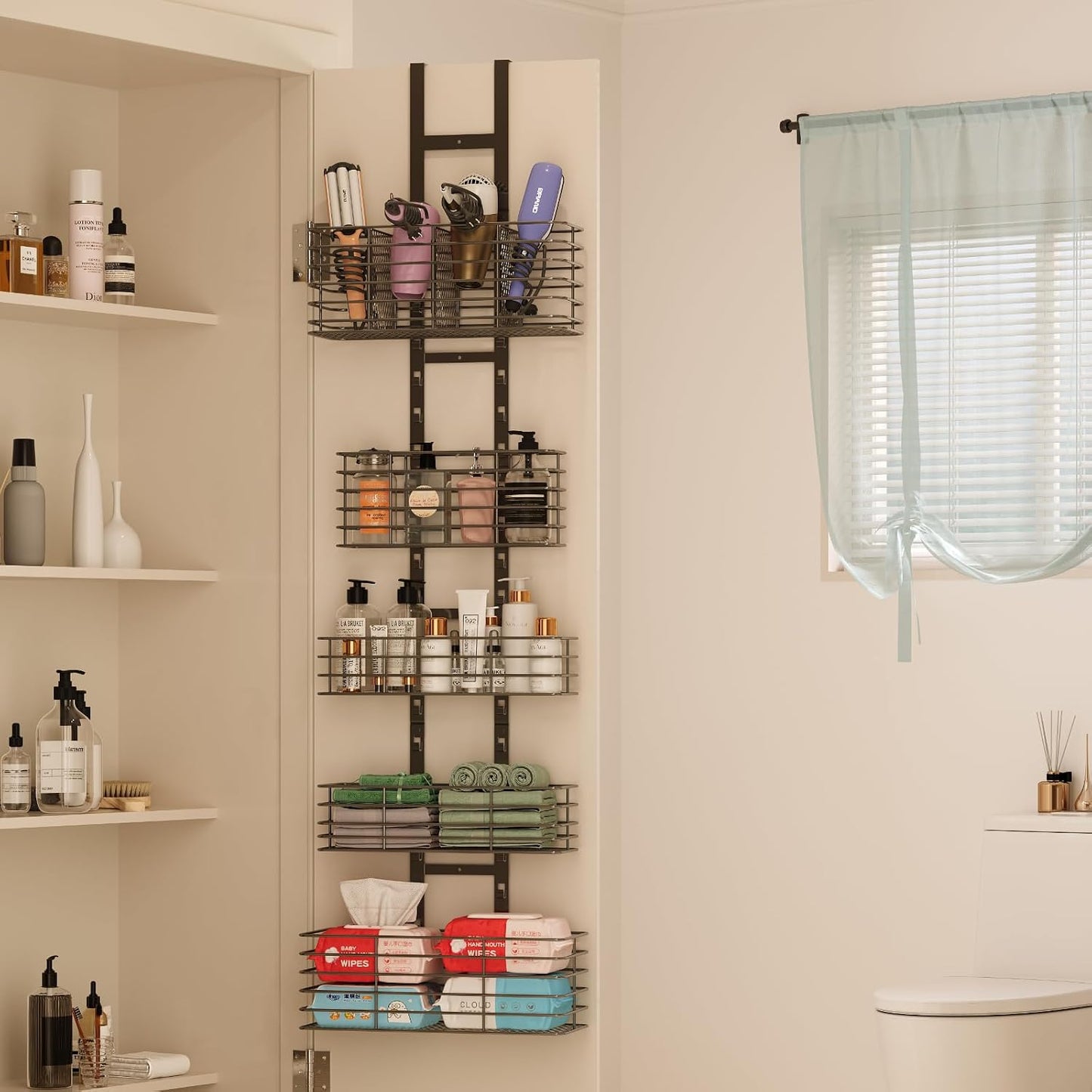 Yuyetuyo 7-Tier Over The Door Organizer, Shower Caddy Hanging &Wall Mounted Hair Tool Organizer/Hair Dryer Holder Adjustable, Behind Door Storage for Bathroom Bedroom Closet Cabinet Pantry Kitchen